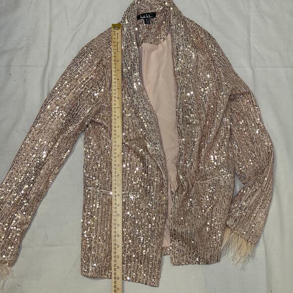 Nicole Miller Charlotte Allover Sequin Feather Trimmed Jacket Size Small‎ Gold - Picture 5 of 10